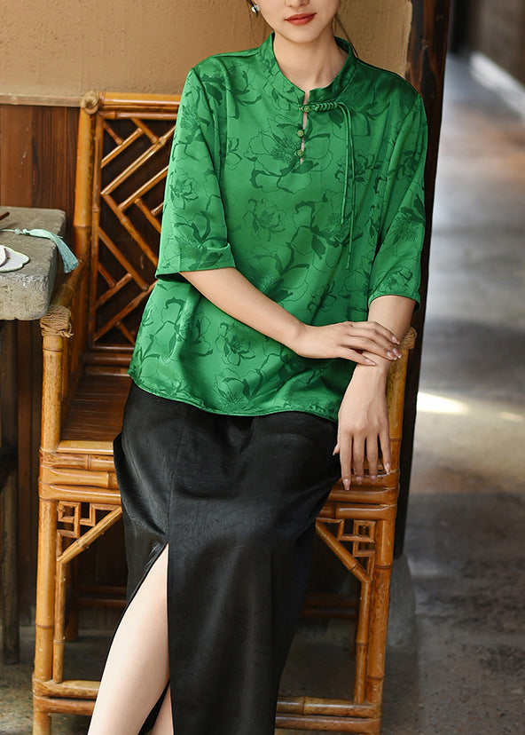 Loose Beige Stand Collar Tassel Jacquard Silk Shirt Summer