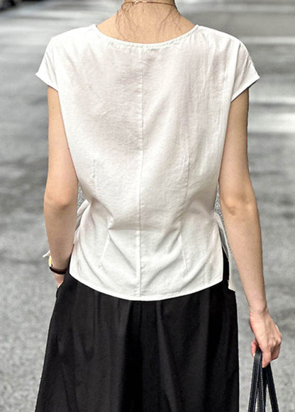White Patchwork Button T Shirt Short Sleeve