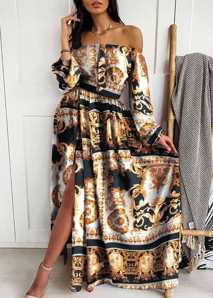 Red Slash Neck Print Side Open Cotton Dress Long Sleeve