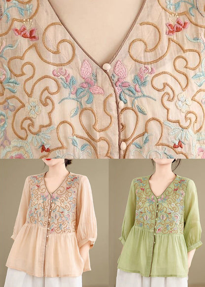 Loose Khaki V Neck Embroidered Linen Shirt Fall