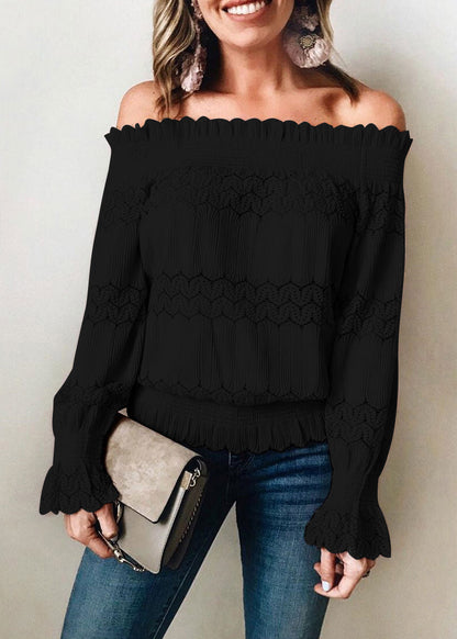 Pink Slash Neck Ruffled Lace Blouse Tops Summer