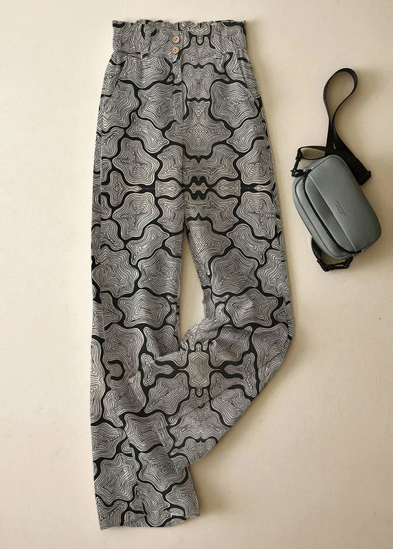 Grey High Waist Button Linen Straigh Pants Summer