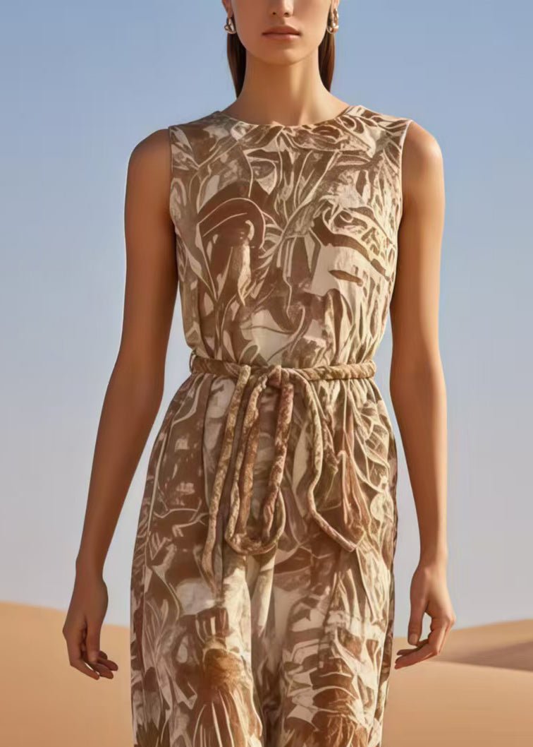 Khaki Cinched Print Cotton Jumpsuits Summer