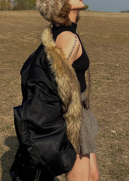 Black Oversized Patchwork Faux Fox Fur Coats Winter