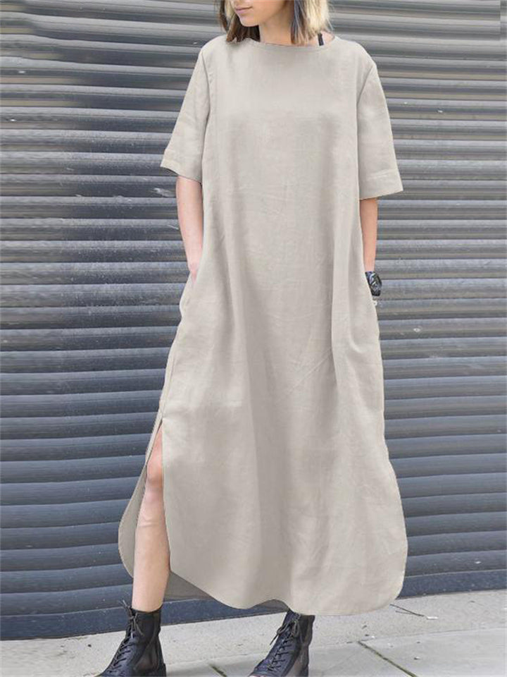 Wind Cotton Linen Color Round Neck Summer Irregular Dresses
