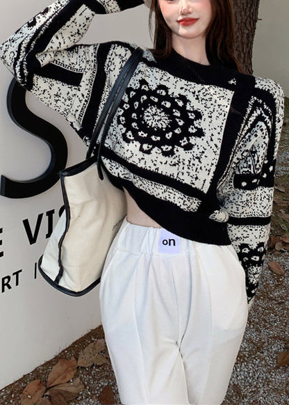 Black Oversized Jacquard Knit Short Sweater Spring