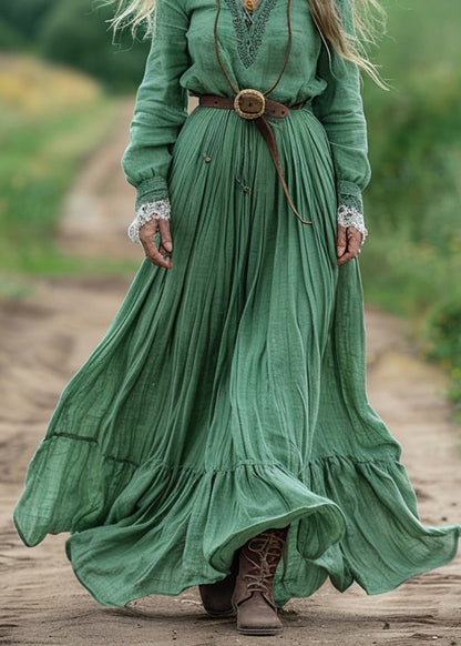 Green V Neck Wrinkled Patchwork Cotton Dresses Spring