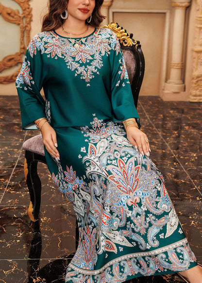 Green O-neck Print Cotton Long Dress Fall