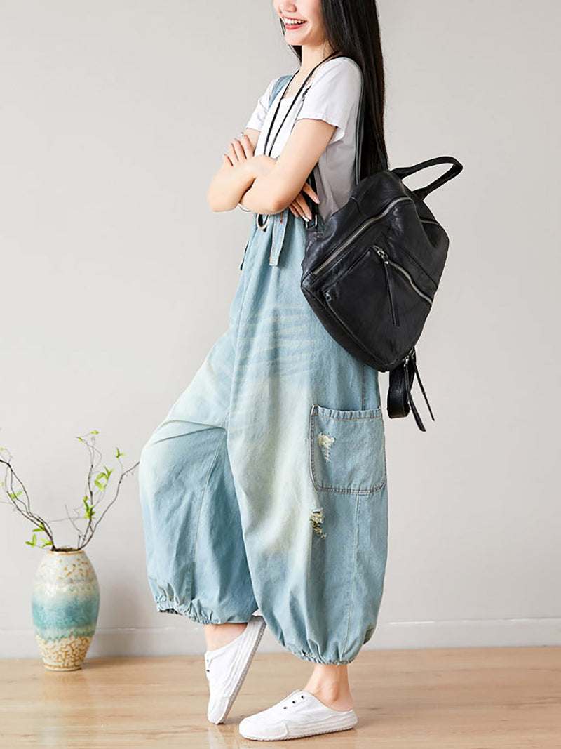 Summer Retro Frayed Washed Denim Jumpsuits