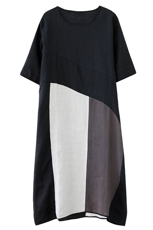 -summer Loose Colorblock Cotton Linen Dress