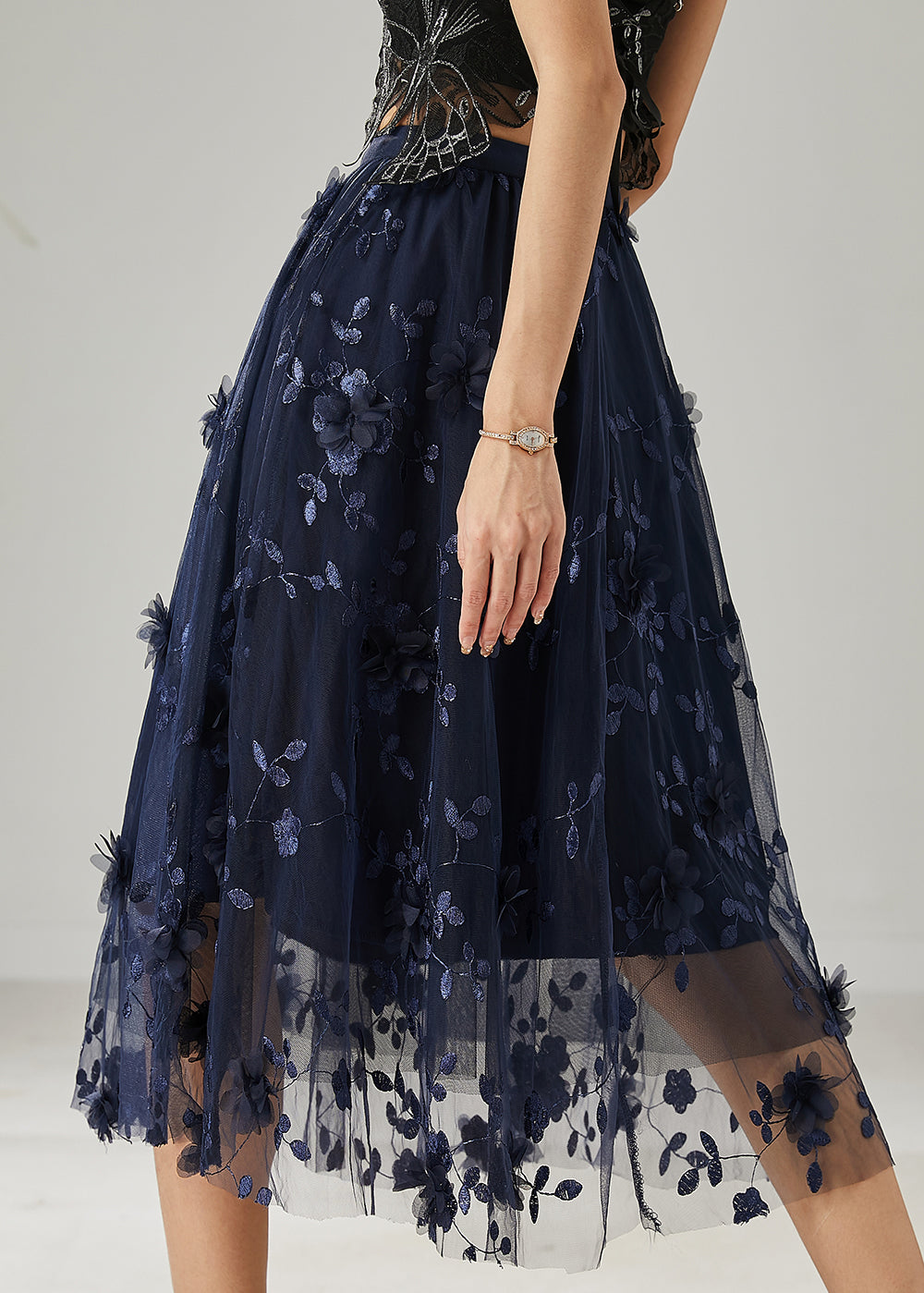 Navy Embroidered Tulle Skirts Summer