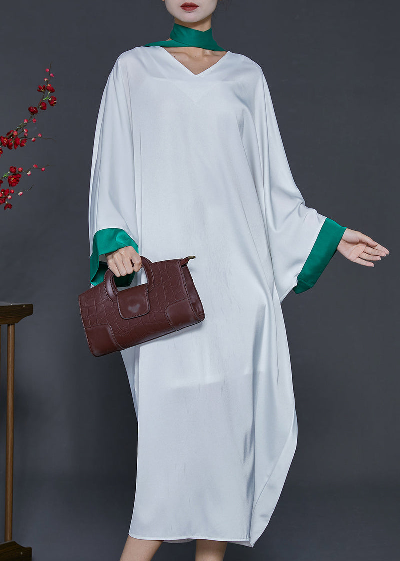 White Oversized Patchwork Silk Dresses Batwing Sleeve