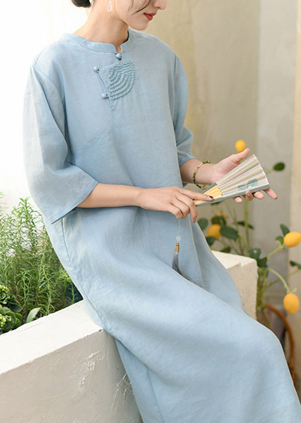 Pink Stand Collar Embroidered Linen Dresses Half Sleeve