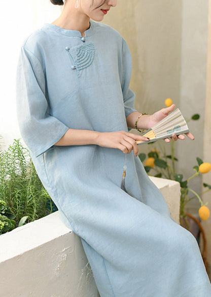 Pink Stand Collar Embroidered Linen Dresses Half Sleeve