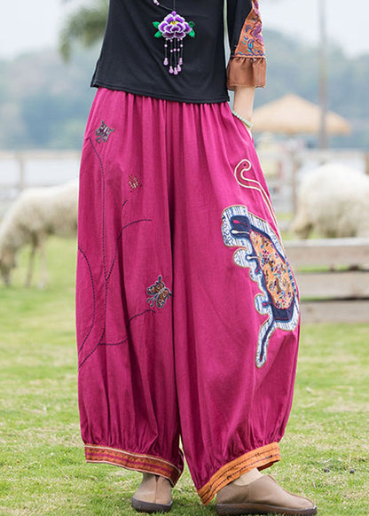 French Rose Embroidered Linen Harem Pants