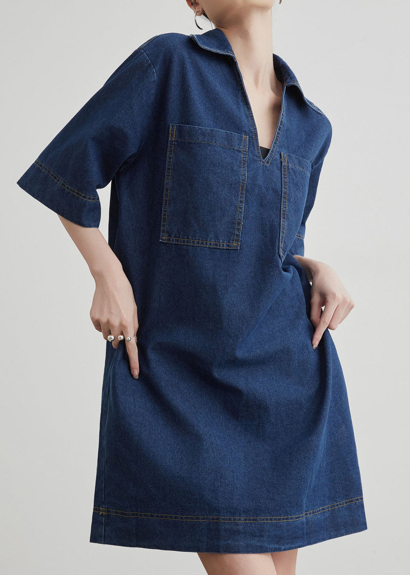 Blue Peter Pan Collar Pockets Denim T Shirt Dresses Summer