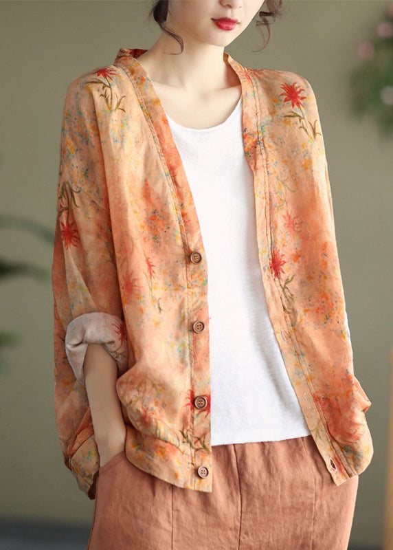 Orange V Neck Button Print Cotton Cardigans Spring