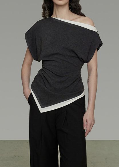 Dark Grey Cold Shoulder Asymmetrical Design Cotton Top Summer