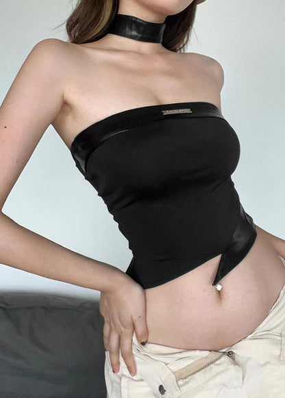 Boutique Black Asymmetrical Faux Leather Patchwor Backless Top Summer