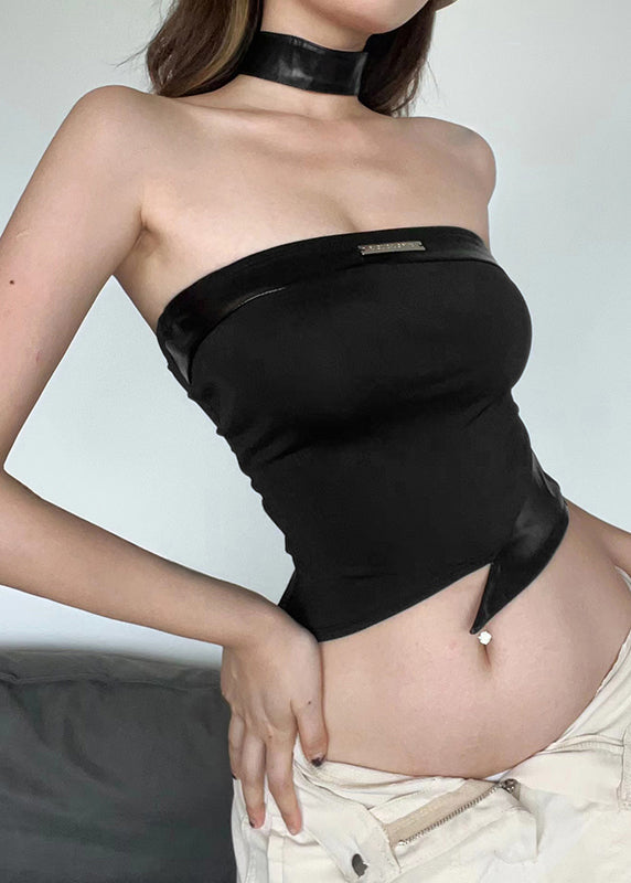 Boutique Black Asymmetrical Faux Leather Patchwor Backless Top Summer