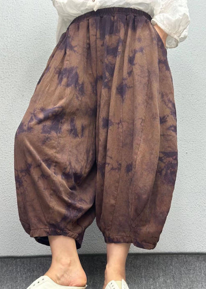 Orange Pockets Print Elastic Waist Linen Lantern Pants Summer