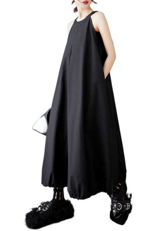 Black O Neck Wrinkled Drawstring Cotton Dress Sleeveless
