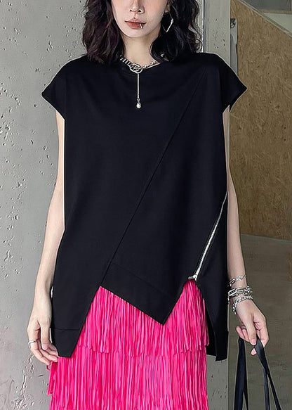Black O-neck Zippered Top Summer