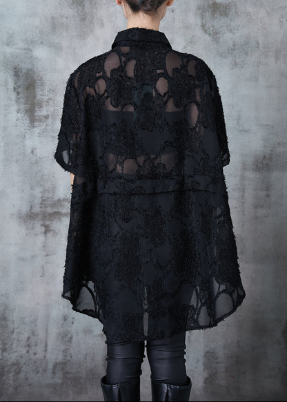Black Oversized Tasseled Chiffon Top Summer