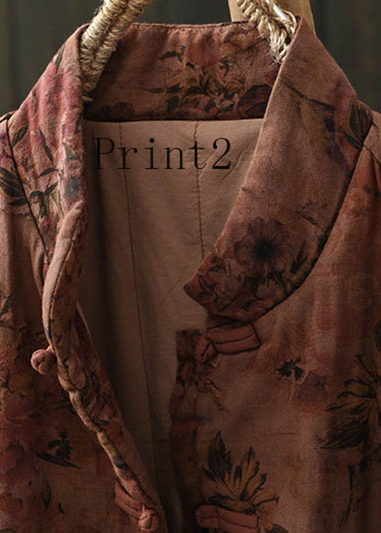 Stand Collar Print Oriental Button Fine Cotton Filled Coat Spring