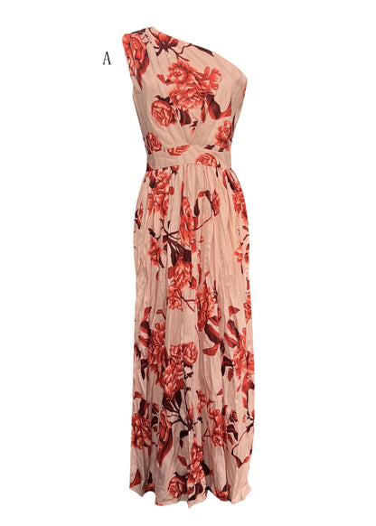 New One Shoulder Print Wrinkled Chiffon Dress Summer