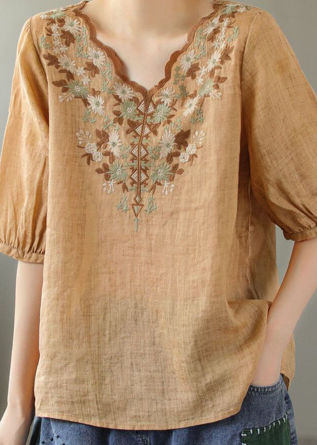 Khaki V Neck Embroidered Patchwork Linen T Shirt Summer