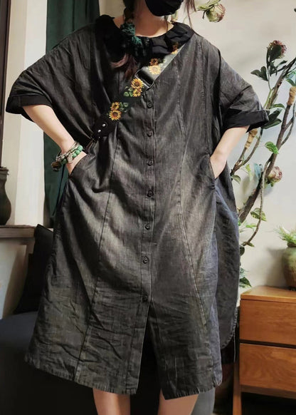 Blue Button Pockets Denim Shirts Dress Half Sleeve