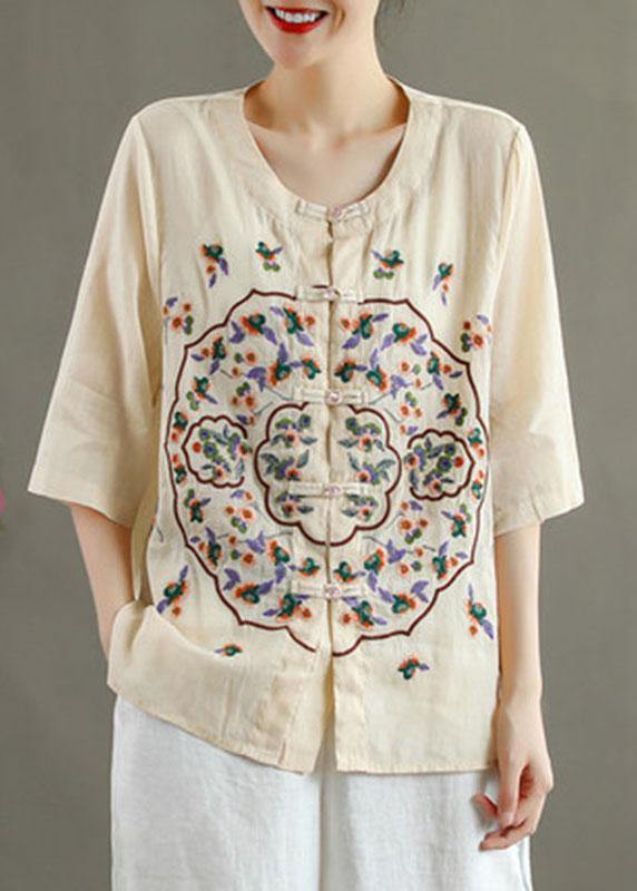 Orange Embroidered Oriental Ramie Top Summer