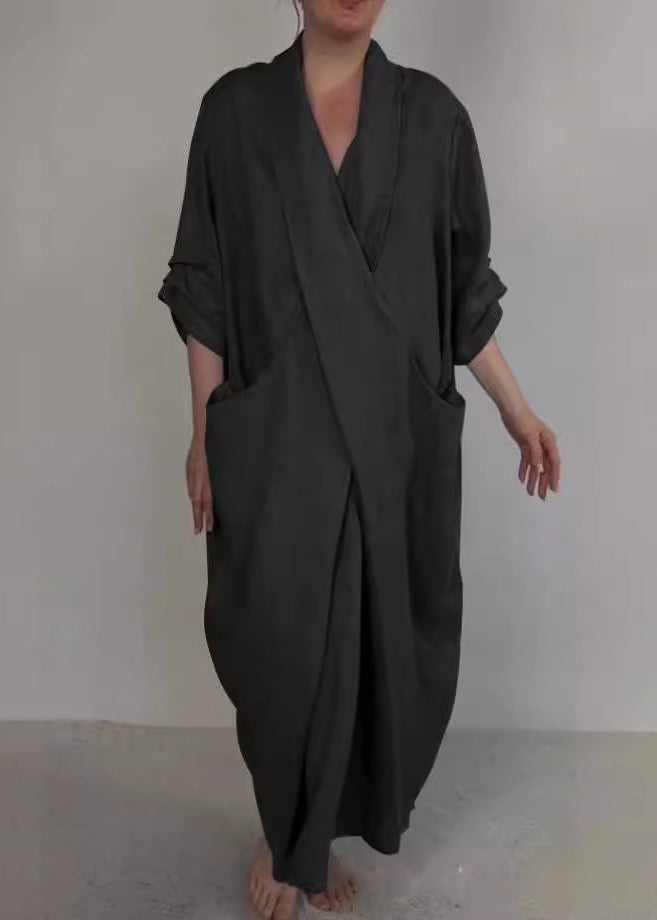 Loose White V Neck Pockets Patchwork Cotton Dress Fall