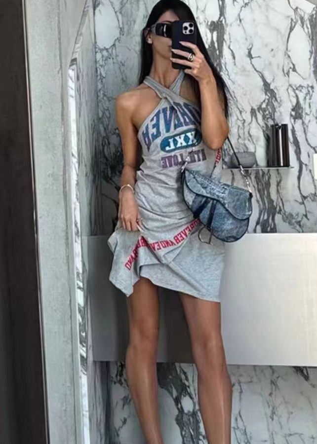 Grey Asymmetrical Print Cotton Dresses Sleeveless