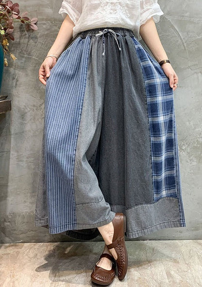 Drawstring Elasticity Plaid Split-joint Ninth Denim Pants
