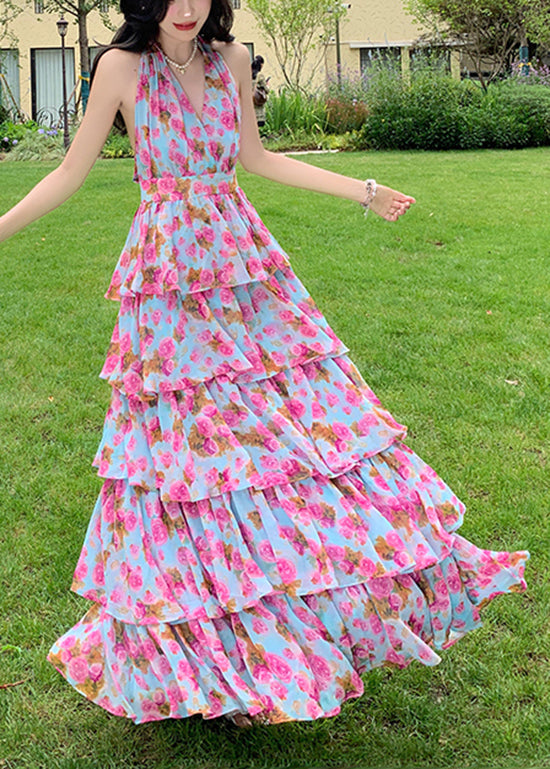 Print Ruffled Halter Backless Beach Dress Summer