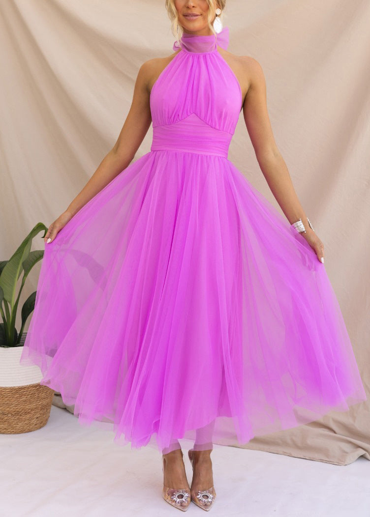 Pink Lace Up Zippered Tulle Dresses Sleeveless