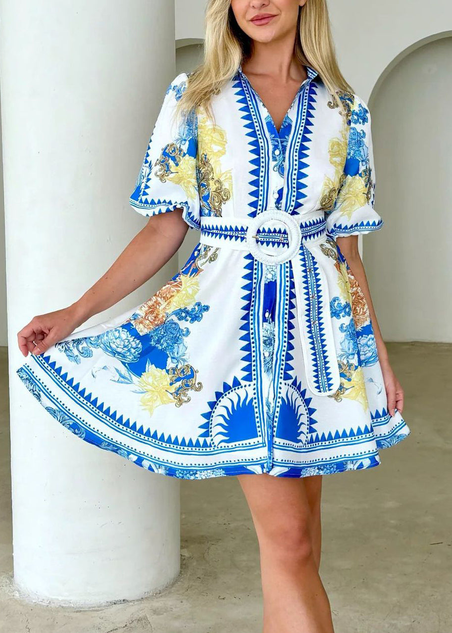 Organic Blue Peter Pan Collar Print Chiffon Vacation Dresses Summer