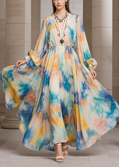 Beige Tie Dye Exra Large Hem Chiffon Maxi Dress Fall