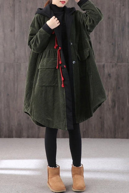 Mid-length Retro Winter Padded Warm Corduroy Coat Hooded Green Trench Coat Corduroy Over Coat