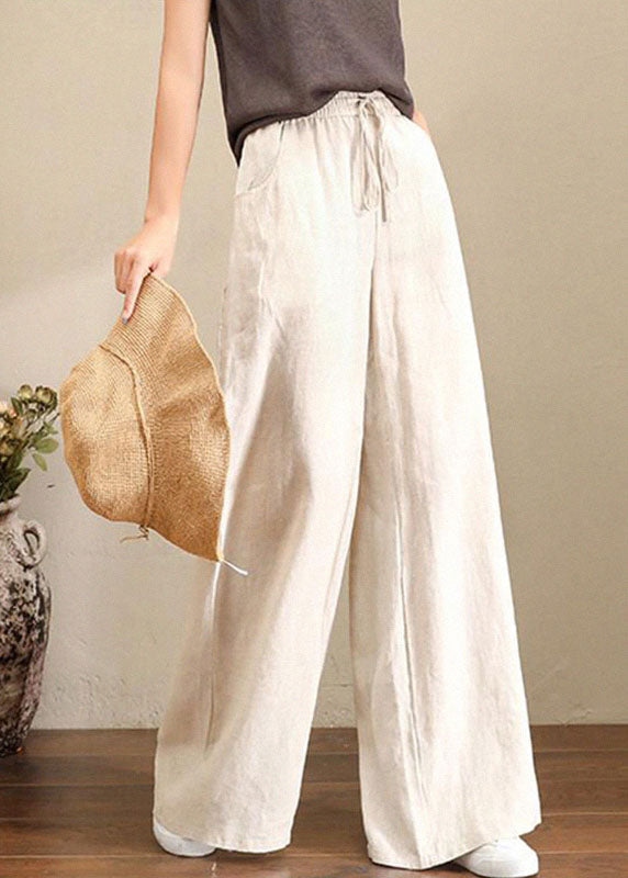 Orange-print2 Elastic Waist Linen Straight Pants Color Drawstring Summer