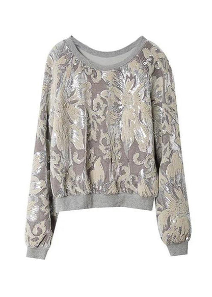 Handmade Grey O-neck Embroideried Sequins Velour Sweatshirt Fall