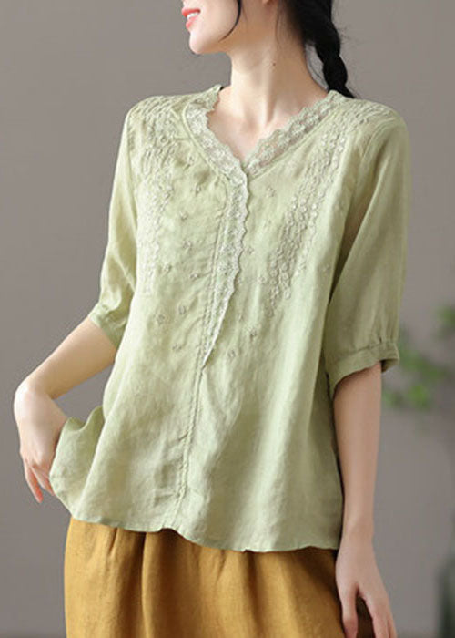 Khaki Embroidered Lace Patchwork Linen Shirt Half Sleeve