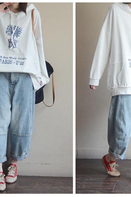 Plant Print 100% Cotton Hooded Spring Sweatshirt