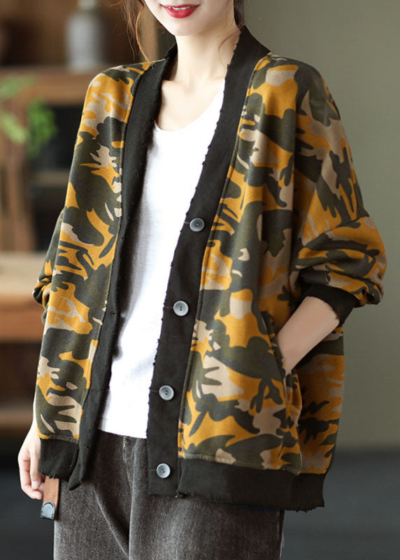 Yellow V Neck Pockets Button Print Fall Coats