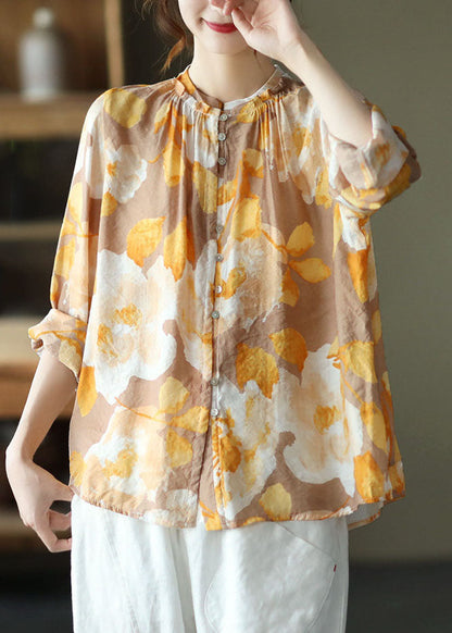 Pink Stand Collar Print Patchwork Cotton Shirt Tops Long Sleeve