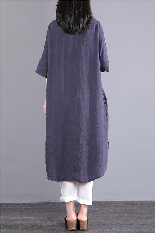 -summer Short-sleeved Long Shirt Color Cotton Linen Dress