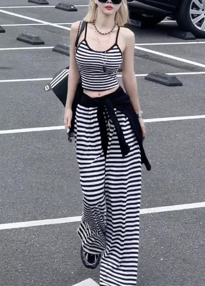 Striped Black Tops and Wide Leg Pants Cotton Three-piece Set Fall