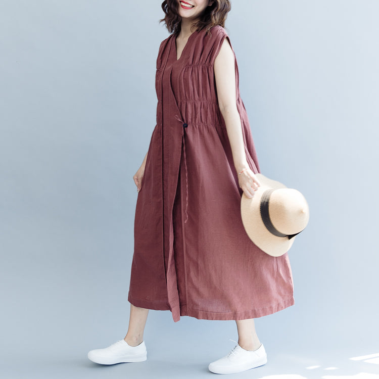 Khaki Cotton Linen Dresses Loose Fitting Cotton Linen Clothing Dress New Sleeveless Cinched V Neck Baggy Dresses